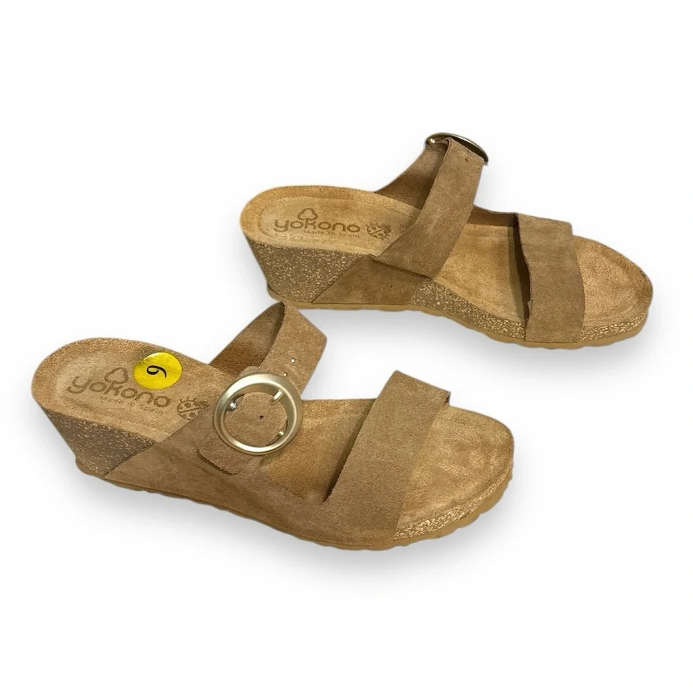 YOKONO Tan Suede Leather Two Strap Cork Wedge Sandals